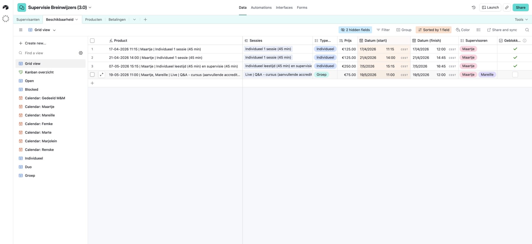 Airtable backend: supervisie-sessies, beschikbaarheid en betalingen