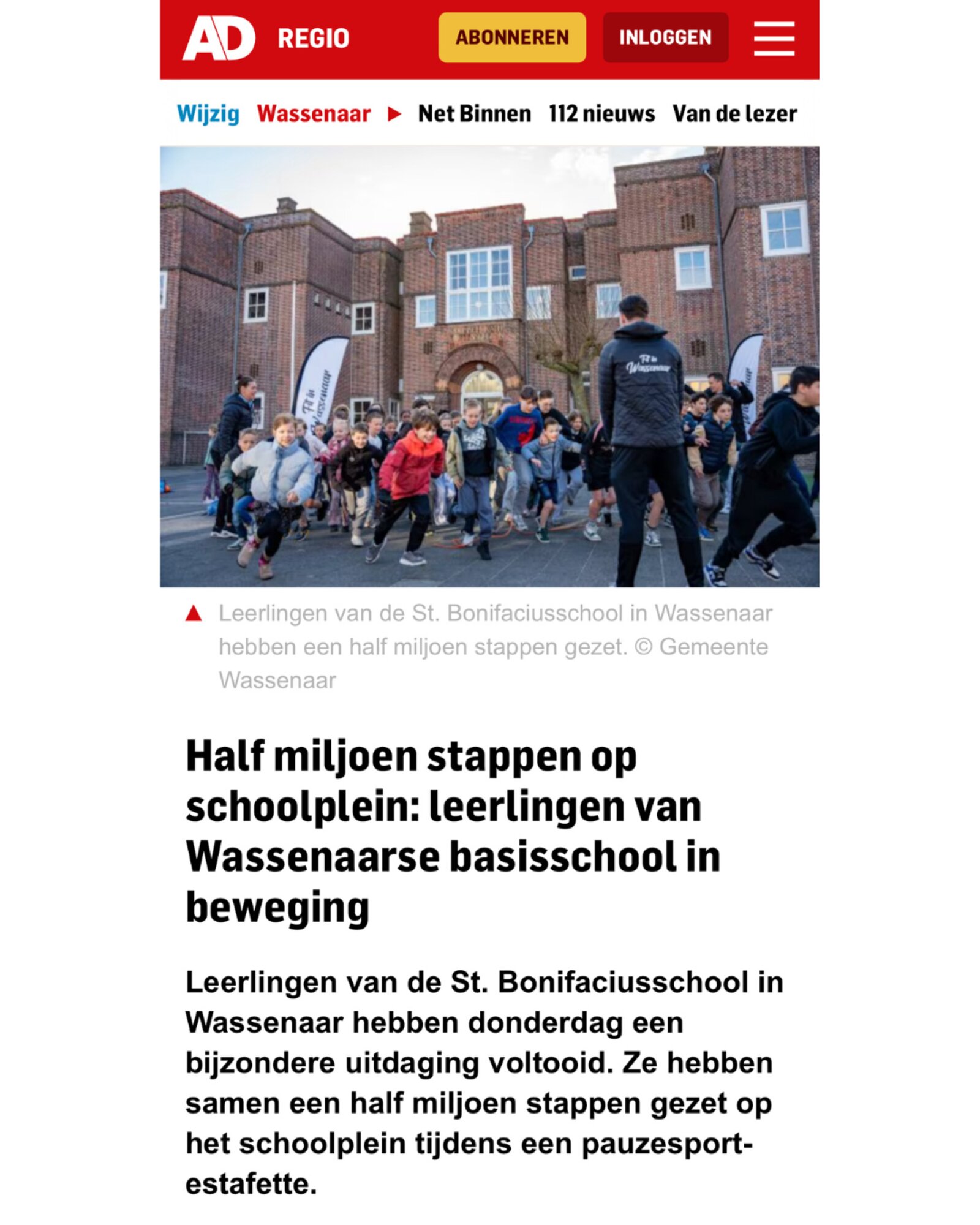 AD Regio Wassenaar article: half a million steps on the schoolyard