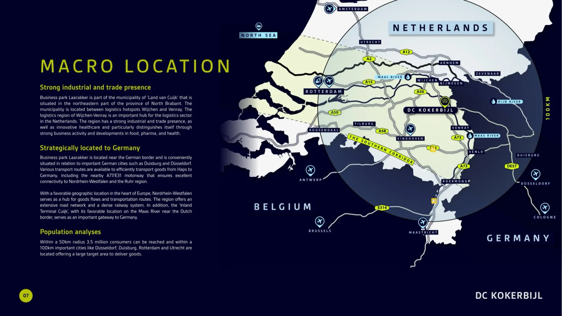 DC Kokerbijl: Macro Location cartografie met heel Nederland, Duitsland en België met logistics-hubs en motorways