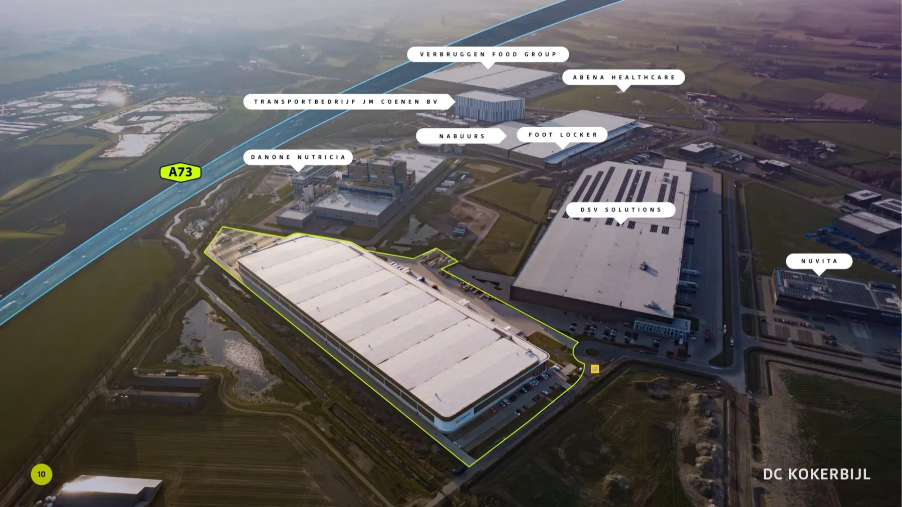 DC Kokerbijl: drone shot met gelabelde aangrenzende tenants Danone, Foot Locker, DSV, Verbruggen Food Group