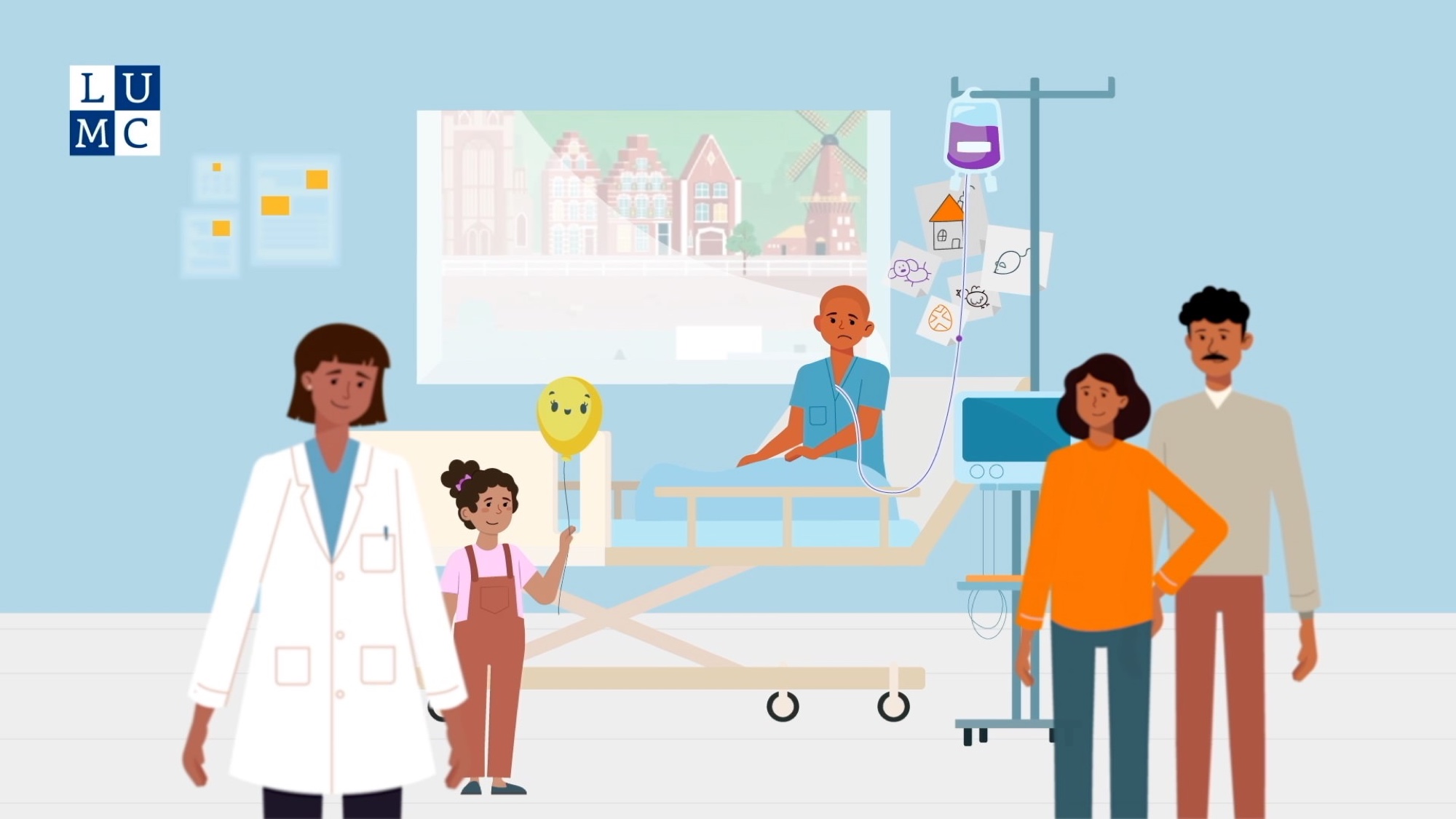 In het Ziekenhuis: animatie still met arts, kind en ouders