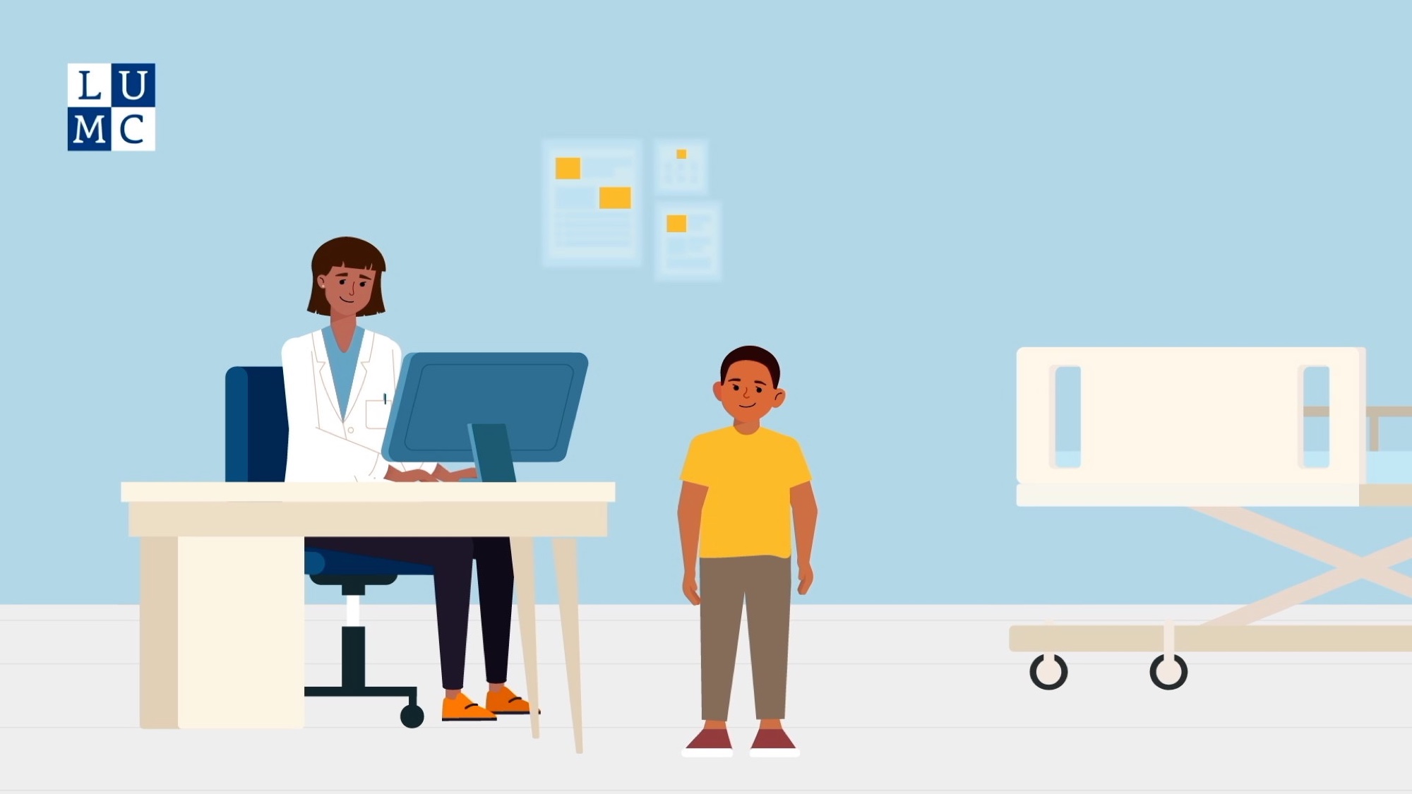 LUMC animatie: arts achter computer met kind